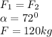 F_1=F_2&#10;\\\&#10; \alpha =72^0&#10;\\\&#10;F=120kg