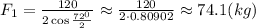 F_1= \frac{120}{2\cos \frac{72^0 }{2} } \approx\frac{120}{2\cdot 0.80902 } \approx74.1(kg)