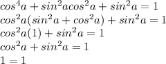 cos^4a+sin^2acos^2a+sin^2a=1\\cos^2a(sin^2a+cos^2a)+sin^2a=1\\cos^2a(1)+sin^2a=1\\cos^2a+sin^2a=1\\1=1