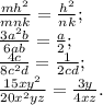 \frac{mh^2}{mnk}=\frac{h^2}{nk}; \\ \frac{3a^2b}{6ab}=\frac{a}{2}; \\ \frac{4c}{8c^2d}=\frac{1}{2cd}; \\ \frac{15xy^2}{20x^2yz}= \frac{3y}{4xz}.