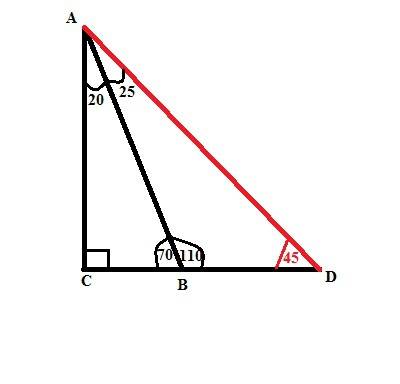Втреугольнике abc угол c равен 90 градусов угол b равен 70 градусам. на луче св отложен отрезок сd р