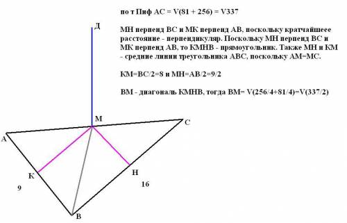 Катеты прямоугольного треугольника равны 9 см и 16 см. через середину гипотенузы проведён перпендику
