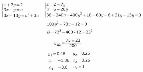 Для каждого значения параметра а решите систему из трех уравнений: {x+7y=2 {3x+y=a {3x+13y=a^2+3a то