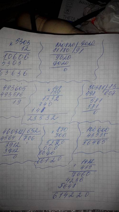 вас решите в столбик с фото! 12*5303= 820820/9020= 493605-493586= 148*159= 50381/83= 460312/652= 870