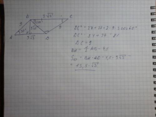 Решить . в параллелограмме abcd , bc= 3√3 ,угол bad= 30 градусов, bd=bc, найти площадь abcd. если мо