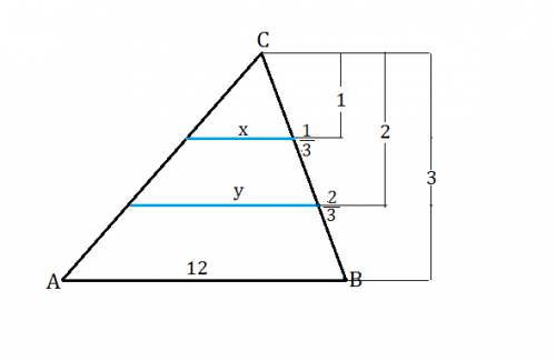 Сторона ав треугольника авс равна 12 см. сторона вс разделена на три равные части, и через точки дел