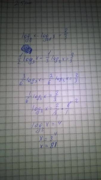 Решить уравнение 1) log9 x-log27x=2/3 2)log²6 x+log√6 x=log0.5 2