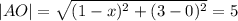 |AO|= \sqrt{(1-x)^2+(3-0)^2}=5