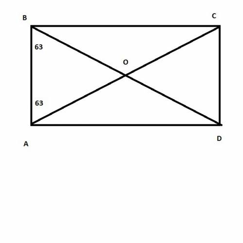 Диагональ прямоугольника образует угол 63градуса с одной из его сторон.найдите острыц угол между диа
