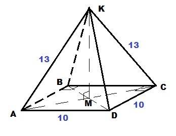 Вправильной четырехугольной пирамиде сторона основния равна 10 см., а боковое ребро 13 см. найдите о
