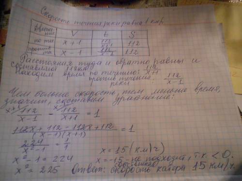 Расстояние между пристанями равно 112км. двигаясь по течению,катер это расстояние на 1 час быстрее ,