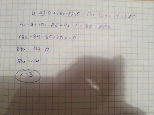 Решите уравнение: (х-2)*4+(2х-5)*5+(4х-1)*1=(4-х)*20