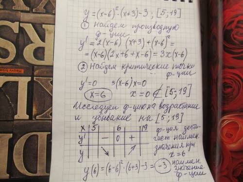 Найдите наименьшее значение функции y = (x - 6)^2(x + 3) - 3 на отрезке [5; 19].