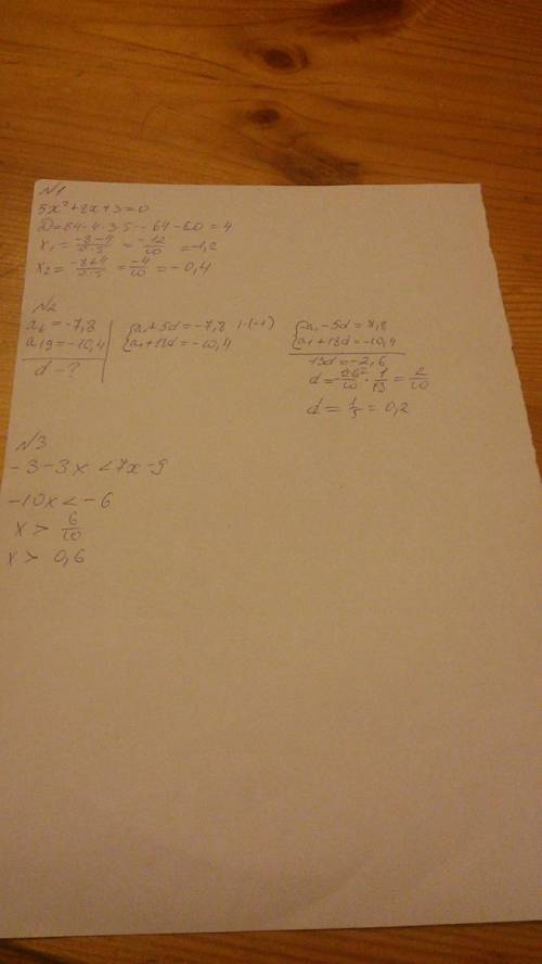 1. решите уравнение 5х^2+8х+3=0 2. дана ариф.прогрессия (аn), для которой а6=-7,8, а19=-10,4 найдите