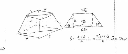 Стороны оснований правильной усеченной четырехугольной пирамиды равны 4 см и 6см.найдите площадь диа