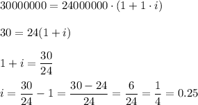 30000000=24000000\cdot (1+1\cdot i)\\ \\ 30=24(1+i)\\ \\ 1+i=\dfrac{30}{24}\\ \\ i=\dfrac{30}{24}-1=\dfrac{30-24}{24}=\dfrac{6}{24}=\dfrac{1}{4}=0.25