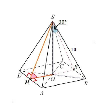 Бічне ребро правильної чотирикутної піраміди дорівнює 10 см і утворює з її висотою кут 30 градусів.