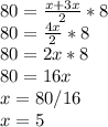 80= \frac{x+3x}{2} *8 \\ 80= \frac{4x}{2}*8 \\ 80=2x*8 \\ 80=16x \\ x=80/16 \\ x= 5