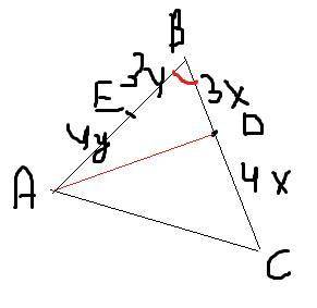 Дан треугольник авс. точка d и e делят стороны вс и ва соответсвенно в отношении 3: 4. тогда отношен