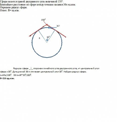 Сфера касается граней двугранного угла величиной 150°. ближайшее расстояние по сфере между точками к