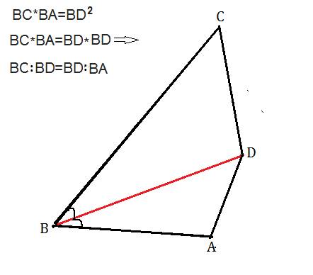Диагональ bd четырехугольника abcd является биссектрисой его угла, bc*ba=bd2 . докажите, что lbad=lb