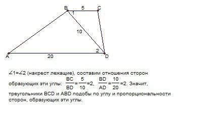Основания bc и ad трапеции abcd равны соответственно 7 и 28.bd=14 докажите что треугольники cbd bda