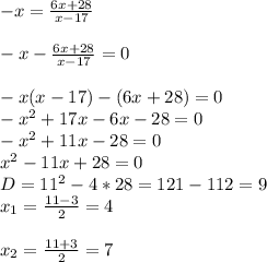 -x= \frac{6x+28}{x-17} \\ \\ &#10;-x- \frac{6x+28}{x-17}=0 \\ \\ &#10;-x(x-17)-(6x+28)=0 \\ &#10;-x^2+17x-6x-28=0 \\ &#10;-x^2+11x-28=0 \\ &#10;x^2-11x+28=0 \\ &#10;D=11^2-4*28=121-112=9 \\ &#10;x_{1}= \frac{11-3}{2}=4 \\ \\ &#10;x_{2}= \frac{11+3}{2}=7