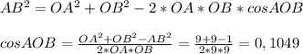 AB^{2}=OA^{2}+OB^{2}-2*OA*OB*cosAOB \\\\&#10;cosAOB= \frac{OA^{2}+OB^{2}-AB^{2}}{2*OA*OB} = \frac{9+9-1}{2*9*9}=0,1049