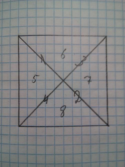 Начерти любой четырех угольники и проведи в нем 2 от резка так,чтобы получилось 8 треугольников