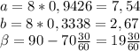 a=8*0,9426=7,54\\&#10;b=8*0,3338=2,67\\&#10; \beta = 90-70 \frac{30}{60} =19 \frac{30}{60}
