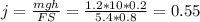 j= \frac{mgh}{FS}= \frac{1.2*10*0.2}{5.4*0.8}=0.55 \\ &#10;