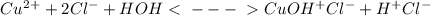 Cu^2^+ + 2Cl^- + HOH \ \textless \ ---\ \textgreater \ CuOH^+ Cl^- + H^+ Cl^-&#10;