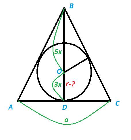 Дано: δabc, ab=bc, bd⊥ac, od/ob=3/5, ab=10. найти: r ( радиус вписанной окружности) решение:
