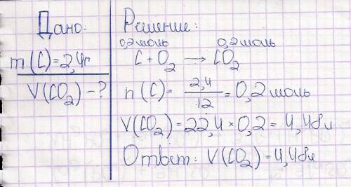 Рассчитайте объем углекислого газа (н. го при полном сгорании 2,4 г углерода