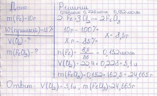Сколько литров хлора нужно взять, чтобы с ним прореагировало железо, массой 10 грамм, содержащие 15%