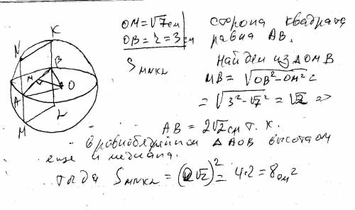 Вершины квадрата лежат на поверхности шара радиуса 3 см. расстояние от центра шара до плоскости квад