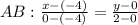 AB: \frac{x-(-4)}{0-(-4)} = \frac{y-0}{2-0}