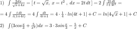 1)\; \; \int \frac{2dx}{\sqrt{x}+4x}=[\, t=\sqrt{x},\; x=t^2\; ,\; dx=2t\, dt\, ]=2\int \frac{2t\, dt}{t+4t^2}=\\\\=4\int \frac{t\, dt}{t(1+4t)} =4\int \frac{dt}{4t+1}=4\cdot \frac{1}{4}\cdot ln|4t+1|+C=ln|4\sqrt{x}+1|+C\\\\2)\; \; \int (3cos\frac{x}{3}+\frac{5}{x^2})dx=3\cdot 3sin\frac{x}{3}-\frac{5}{x}+C