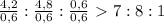 \frac{4,2}{0,6} : \frac{4,8}{0,6} : \frac{0,6}{0,6} \ \textgreater \ 7:8:1