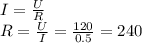 I= \frac{U}{R} \\ &#10;R= \frac{U}{I}= \frac{120}{0.5}=240 &#10;