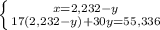 \left \{ {{x=2,232-y} \atop {17(2,232-y)+30y=55,336}} \right.