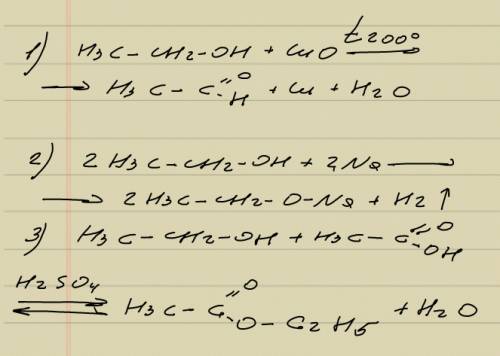 Спревращениями, ! 1)c2h6o--> (минус) -h2 под действием(cuo) 2)c2h6o--> +na 3)c2h6o--> + укс