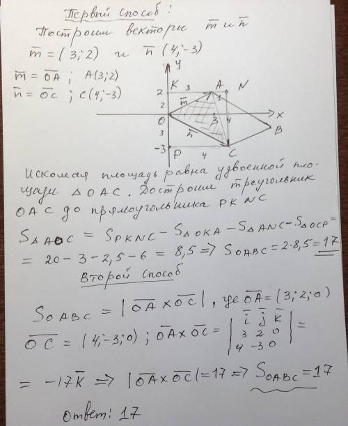 Найдите площадь параллелограмма ,построенного на векторах m=3i+2j и n=4i-3j