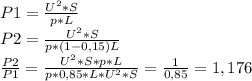 P1=\frac{U^{2} *S}{p*L} \\ P2=\frac{U^{2} *S}{p*(1-0,15)L}\\ \frac{P2}{P1} =\frac{U^{2} *S*p*L}{p*0,85*L*U^{2}*S}=\frac{1}{0,85} =1,176