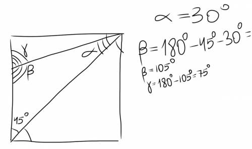 Через сторону квадрата проведена плоскость, составляющая с диагональю квадрата угол 30°. найдите угл
