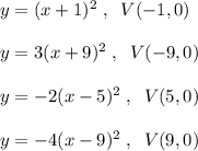 y=(x+1)^2\; ,\; \; V(-1,0)\\\\y=3(x+9)^2\; ,\; \; V(-9,0)\\\\y=-2(x-5)^2\; ,\; \; V(5,0)\\\\y=-4(x-9)^2\; ,\; \; V(9,0)