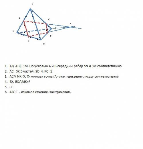 Постройте сечение тетраэдра плоскостью, проходящей через точки a, b, c, если a и b - середины ребер
