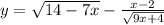 y=\sqrt{14-7x}-\frac{x-2}{\sqrt{9x+4}}