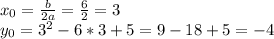 x_0=\frac{b}{2a}=\frac{6}{2}=3\\&#10;y_0=3^2-6*3+5=9-18+5=-4