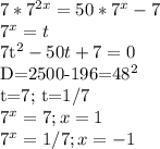 7*7^{2x}=50*7^x-7&#10;&#10;7^x=t&#10;&#10;7t^2-50t+7=0&#10;&#10;D=2500-196=48^2&#10;&#10;t=7; t=1/7&#10;&#10;7^x=7; x=1&#10;&#10;7^x=1/7; x=-1
